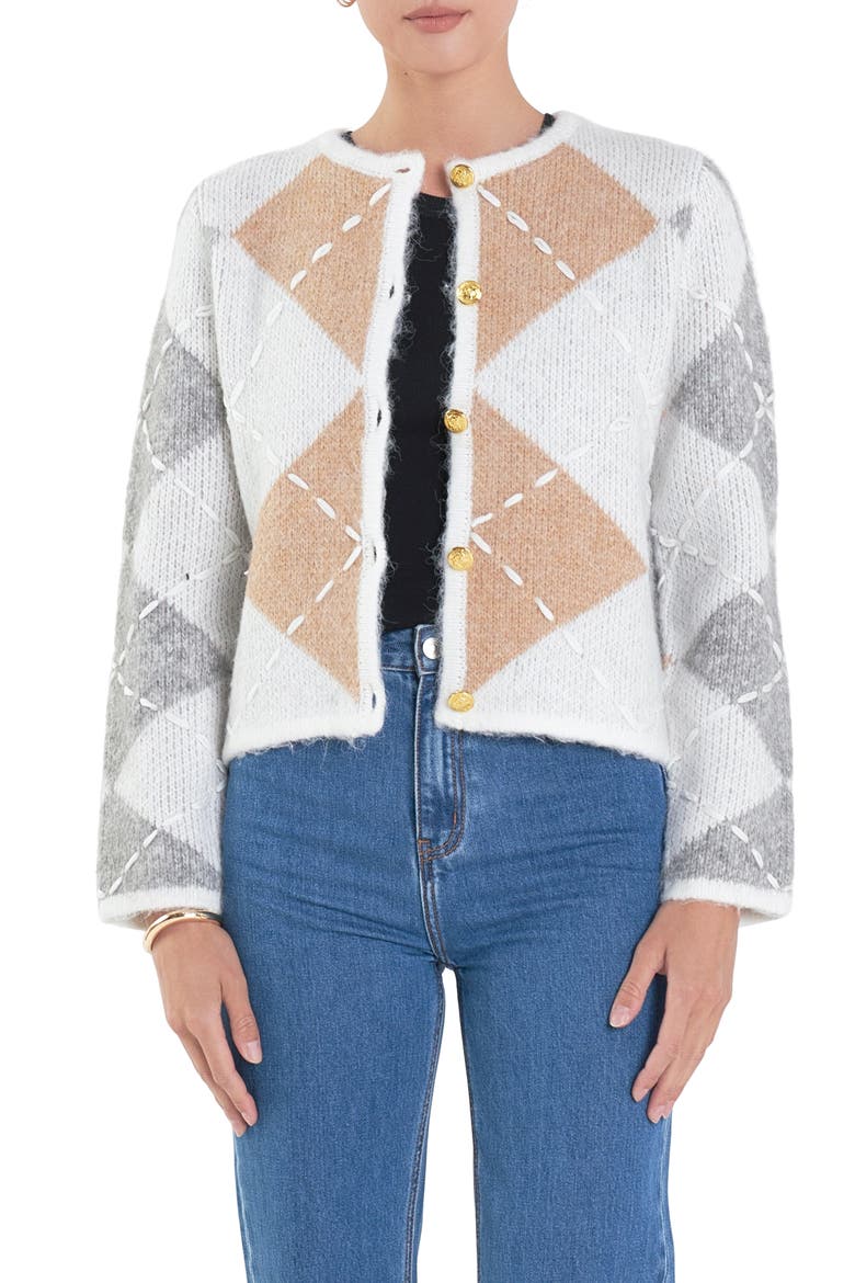 Argyle Crop Cardigan, Main, color, WHITE