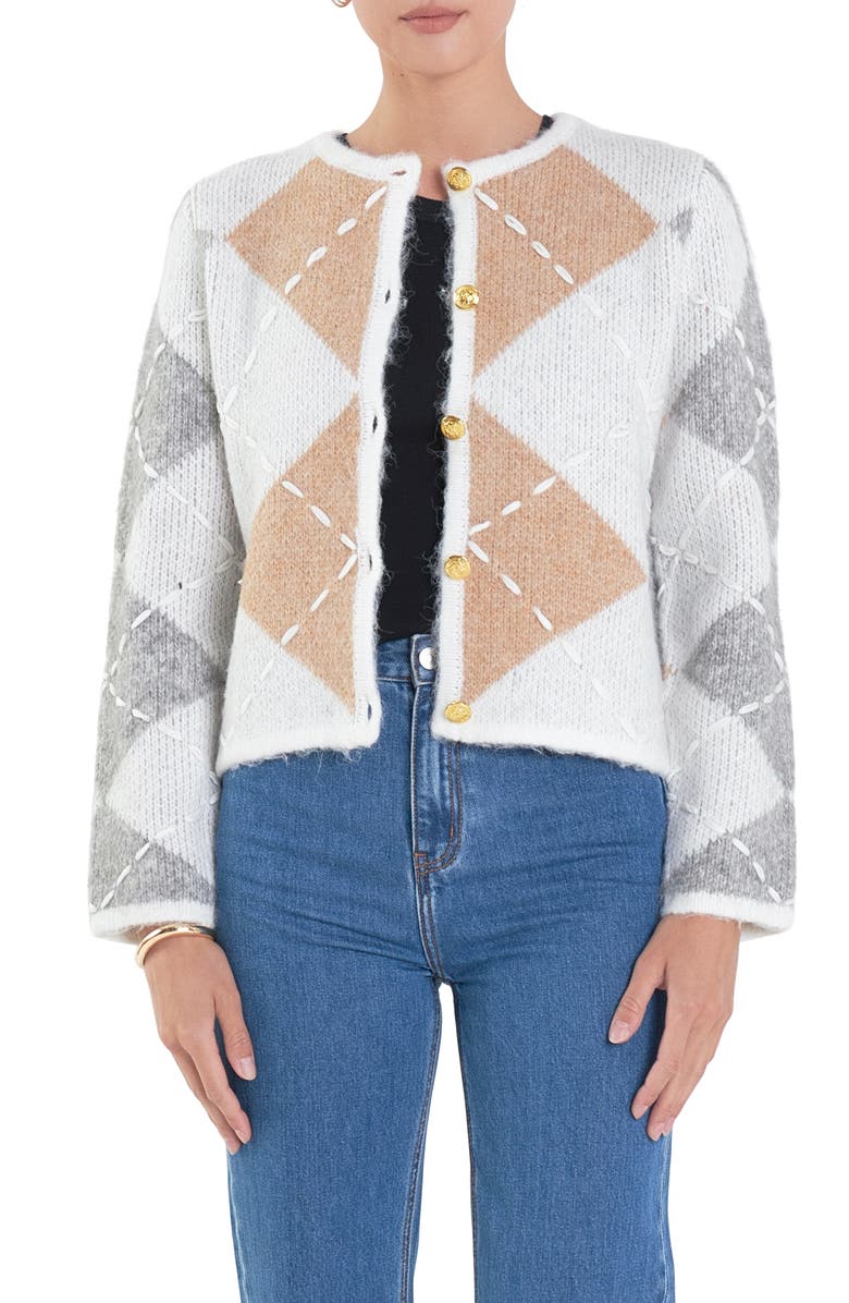 English Factory Argyle Crop Cardigan, Main, color, White
