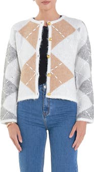 English Factory Argyle Crop Cardigan