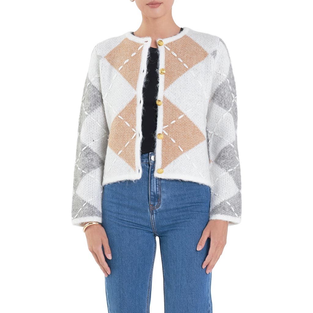 English Factory Argyle Crop Cardigan in White  product