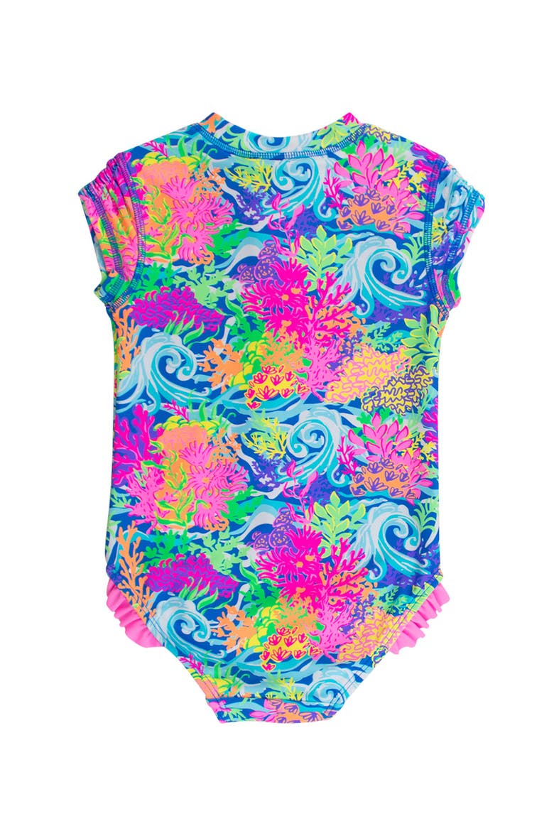 Girls Short Sleeve UPF50+ One Piece Rash Guard, Alternate, color, Neon Ocean Coral