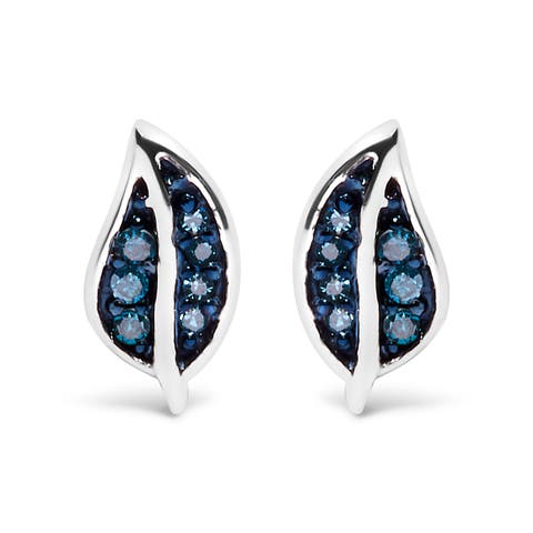 Silver Blue Diamond Accent Leaf Stud Earrings