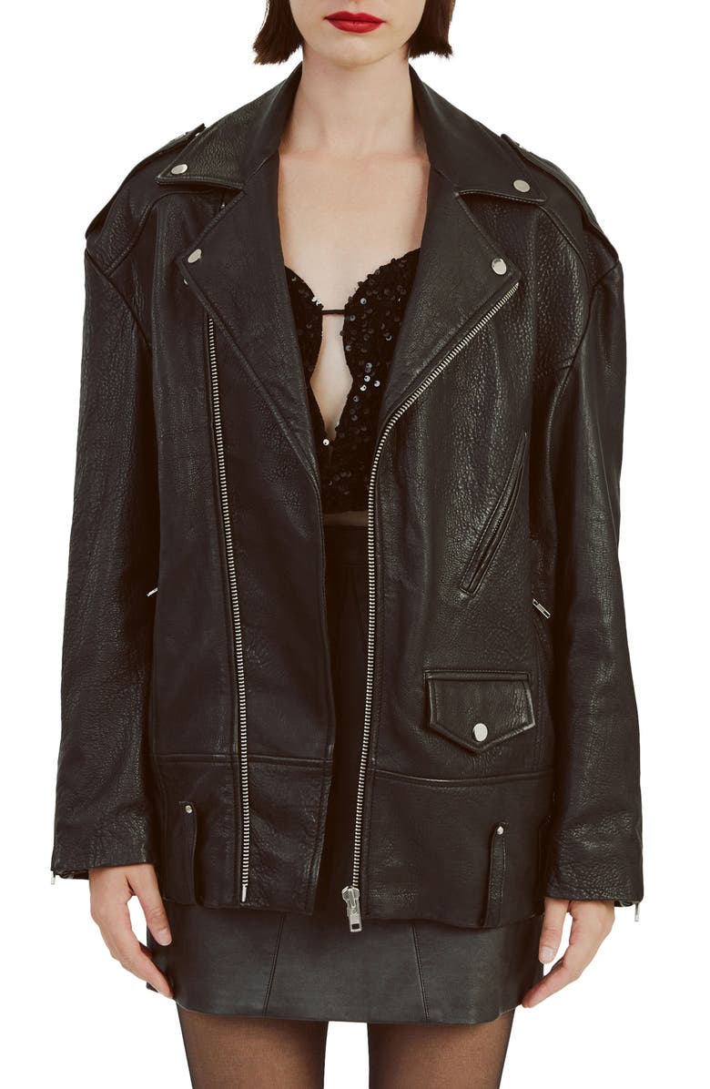 Bardot Oversize Leather Biker Jacket, Main, color,