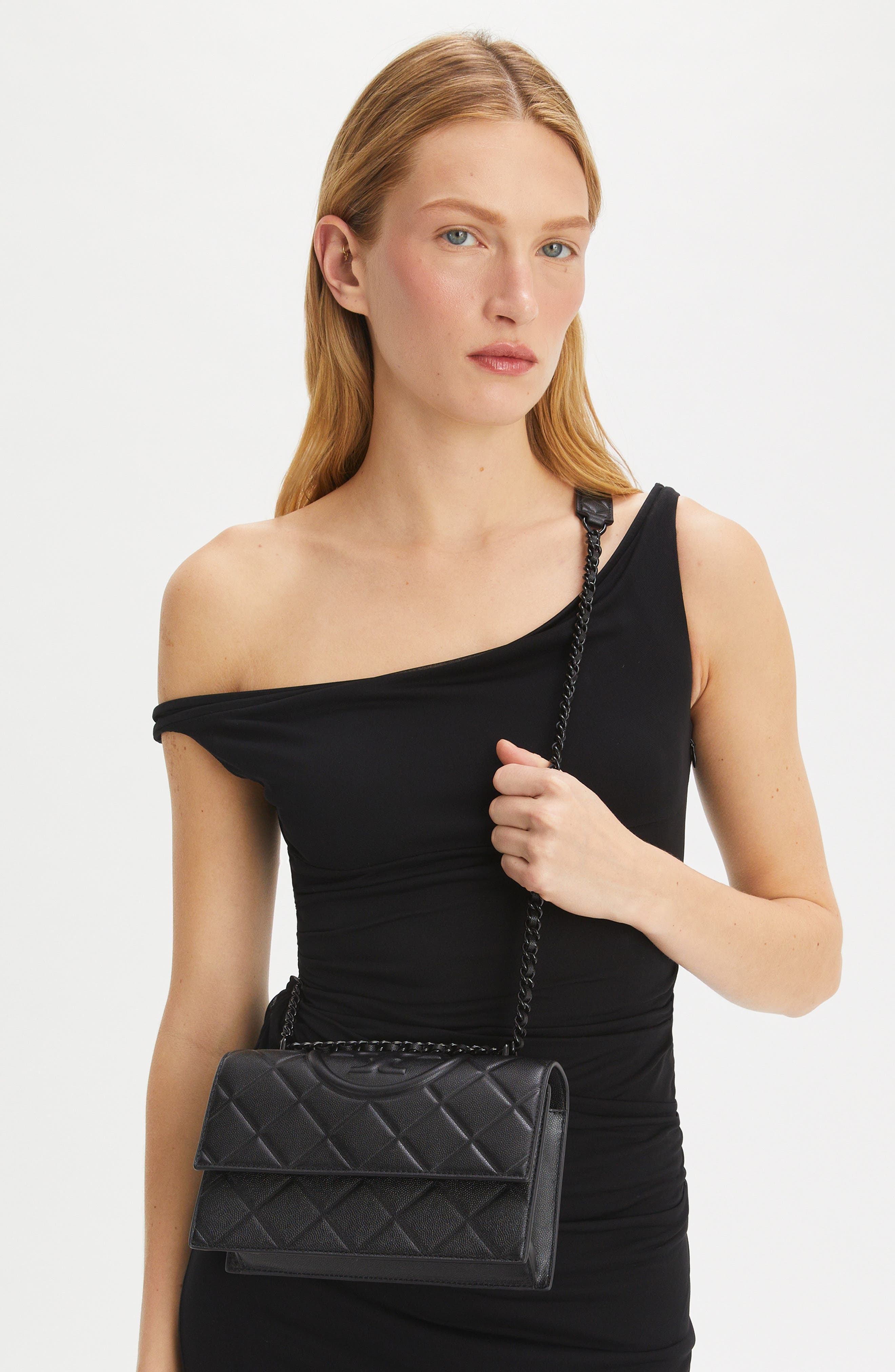 Tory Burch Small Fleming Leather Convertible Shoulder Bag, Alternate, color, Black/ Black