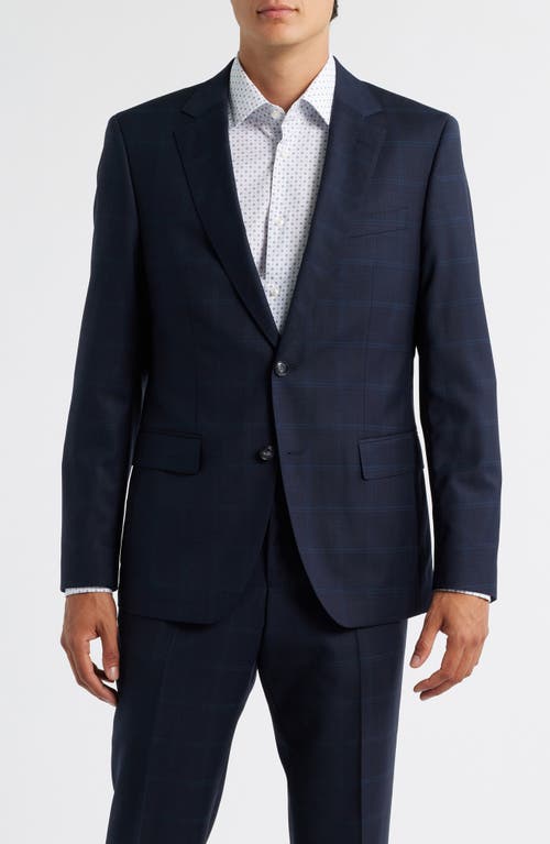Hugo Boss Boss Huge Slim Fit Windowpane Check Navy Wool Suit In Blue