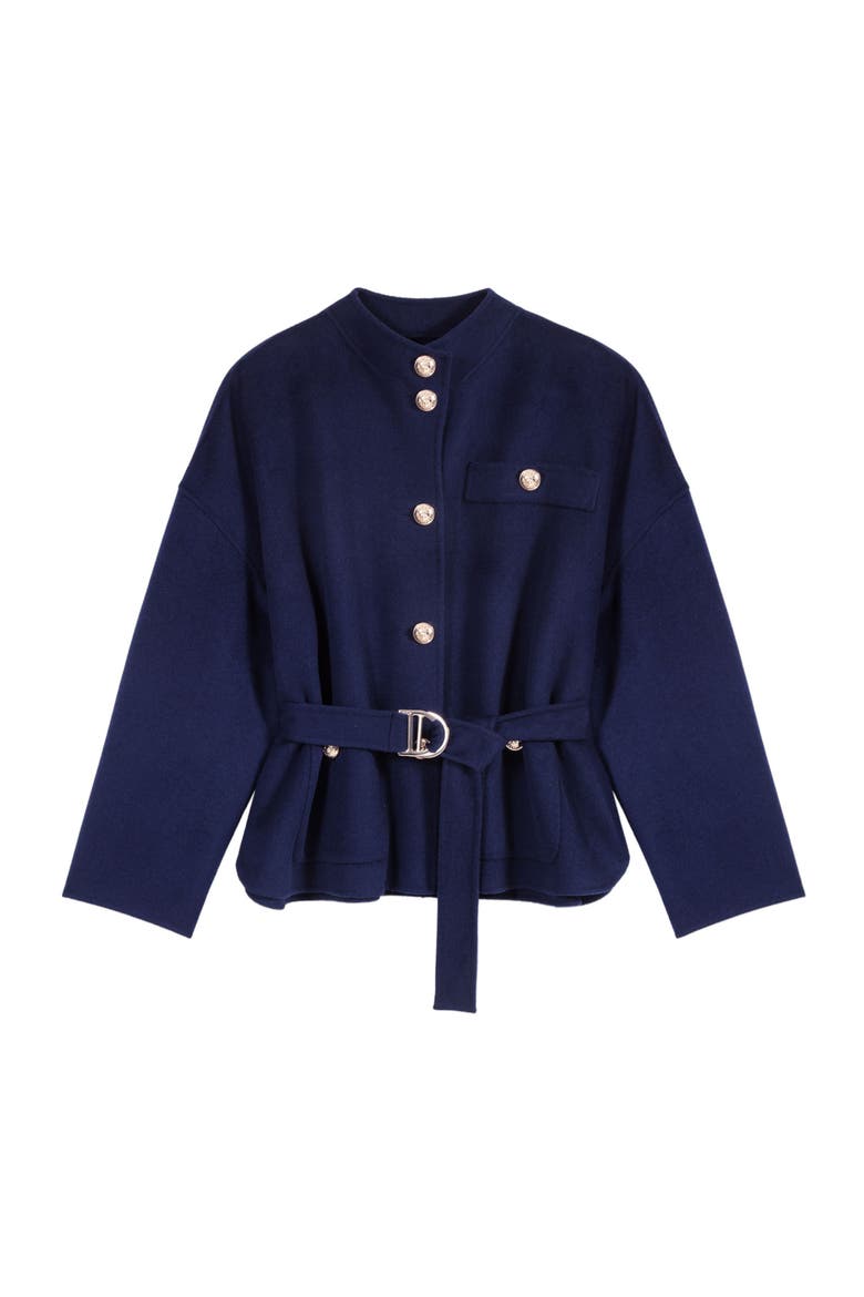 Belted short wool coat, Alternate, color, Navy