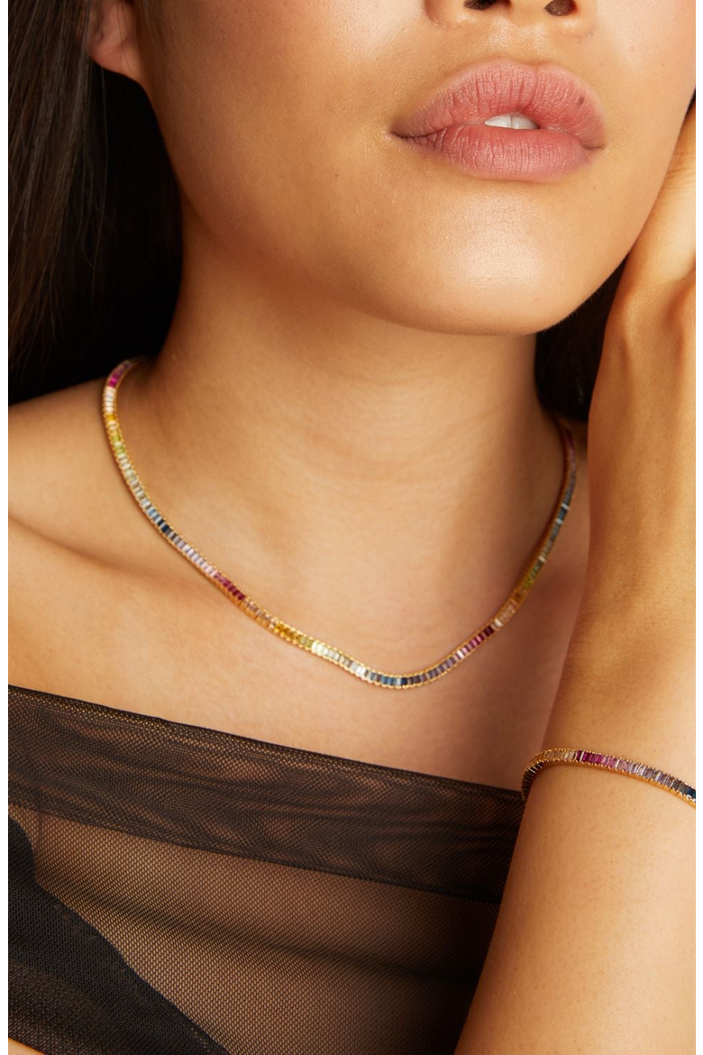 Rainbow Baguette Tennis Necklace, Alternate, color, Yellow Gold Vermeil