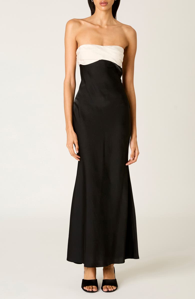 Nia Sunset Strapless Satin Cocktail Dress, Main, color, Black