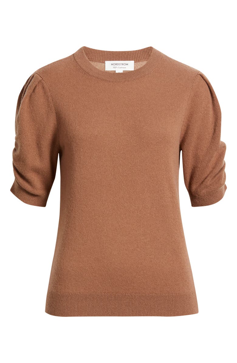 Nordstrom Ruched Short Sleeve Cashmere Sweater, Main, color, Brown Clove