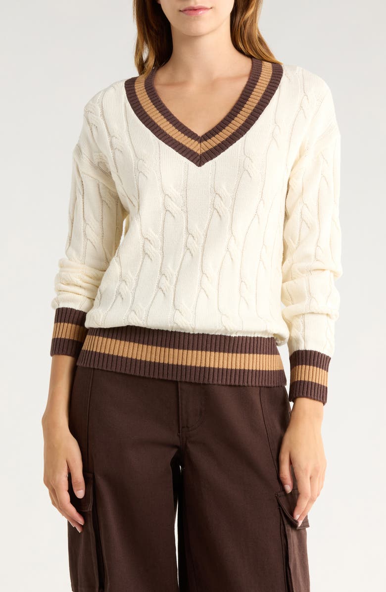 Vigoss Tipped V-Neck Cable Stitch Sweater, Main, color,