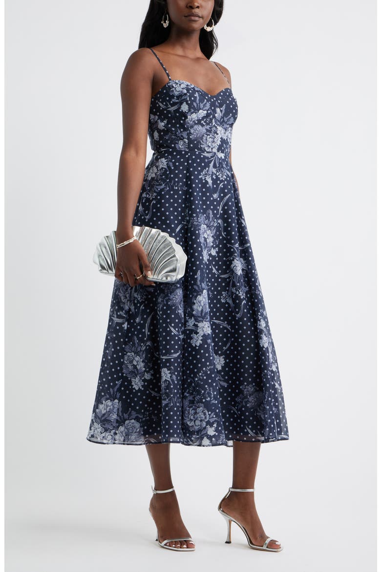 Floral Polka Dot Seamed Bodice Cocktail Dress, Alternate, color, NAVY- BLUE ANTOINETTE DOT