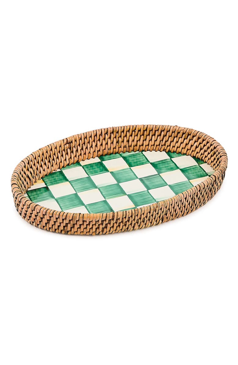 MACKENZIE CHILDS Small Emerald Check Enamel & Rattan Tray, Main, color, Emerald