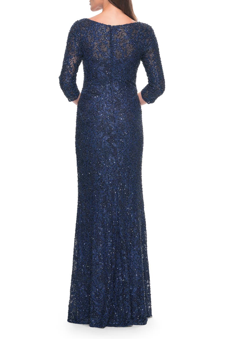 Fitted Beaded Lace Evening Gown with Ruching, Alternate, color, Navy