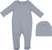 Manière Printed Leaf Stretch Cotton Footie & Beanie Set