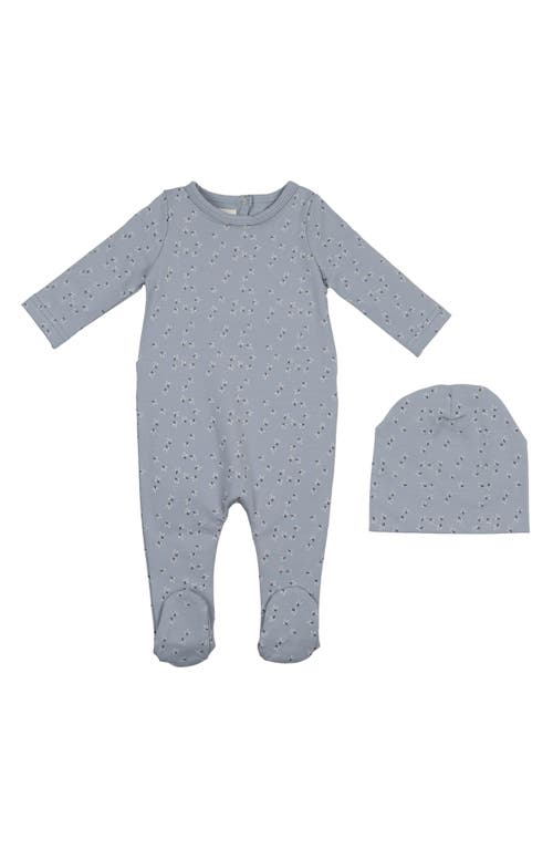 Maniere Manière Printed Leaf Stretch Cotton Footie & Beanie Set In Blue