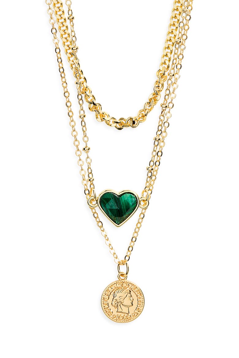 Heart & Coin Layered Pendant Necklace, Main, color, GREEN