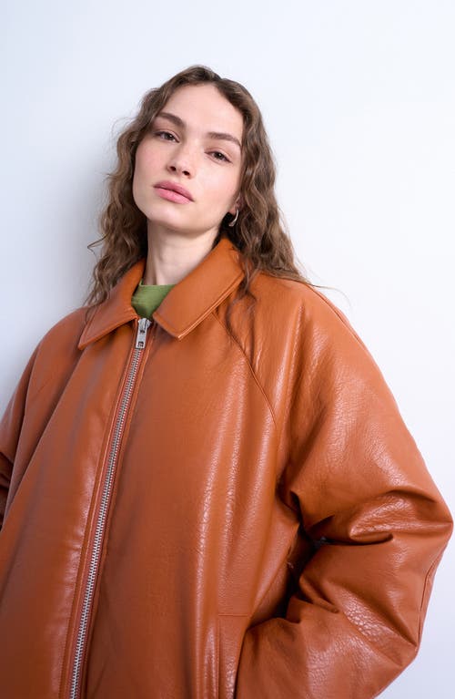 Topshop Faux Leather Padded Puffer Jacket In Orange