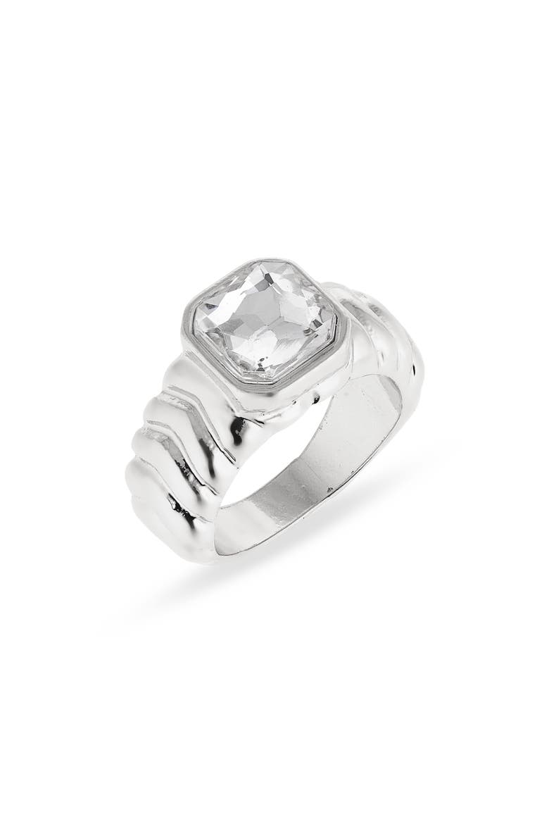 Crystal Ribbed Signet Ring, Main, color, CLEAR- SILVER