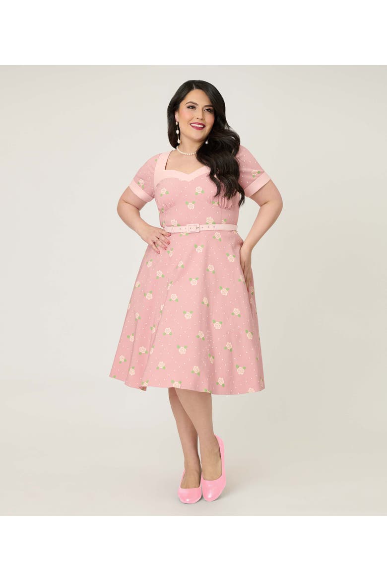 Plus Size 1950s Sweetheart Neckline Swing Dress, Alternate, color, Light Pink Roses Print