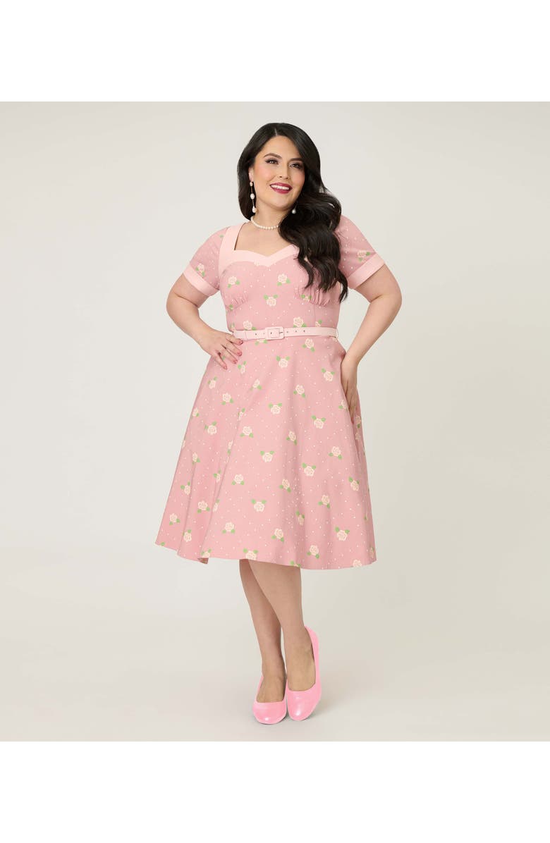 Unique Vintage Plus Size 1950s Sweetheart Neckline Swing Dress, Alternate, color, Light Pink Roses Print