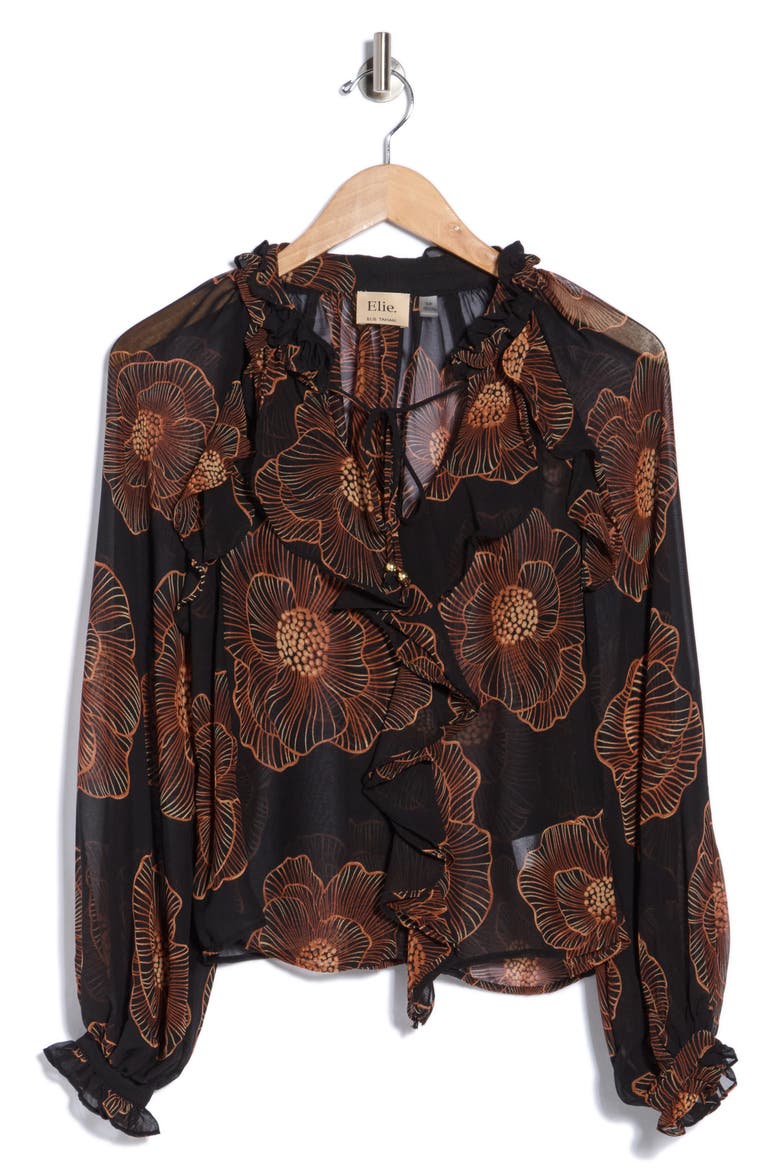 Floral Ruffle Long Sleeve Top, Main, color, BLACK TRACING FLORAL