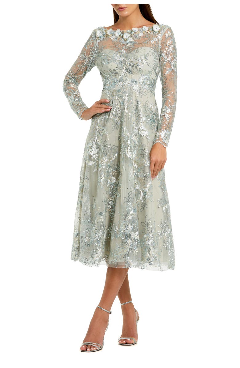 Mac Duggal Floral Embroidered Long Sleeve Midi Dress, Main, color, Mist