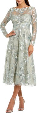 Mac Duggal Floral Embroidered Long Sleeve Midi Dress