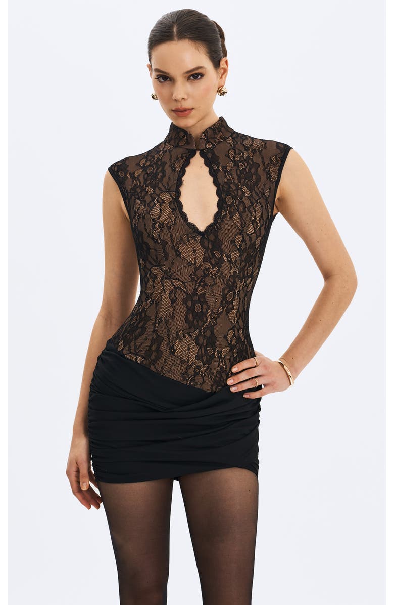 Miss Circle Valerie Lace Teardrop Neckline Ruched Mini Dress, Main, color, Black