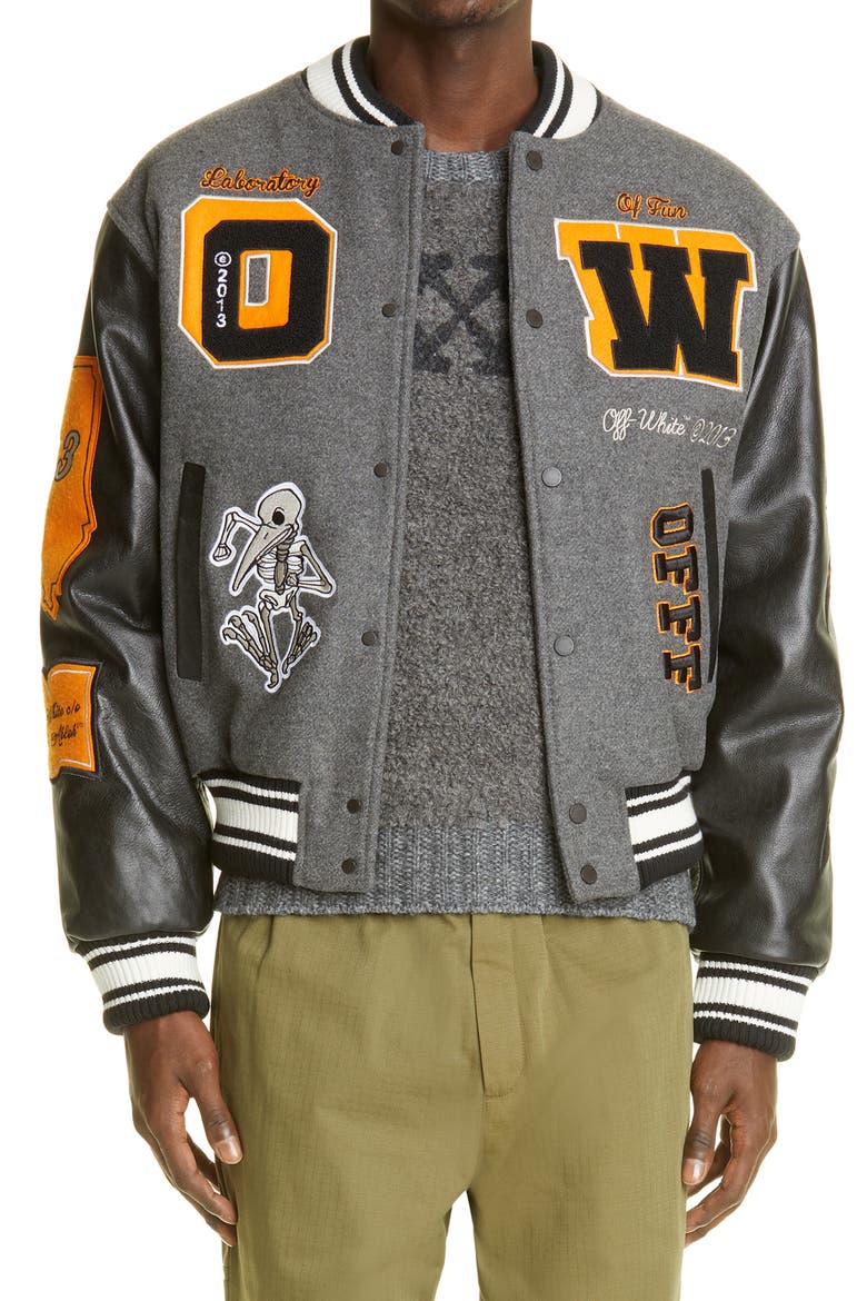Logo Leather Sleeve Varsity Jacket, Main, color, MEDIUM GREY MULTICOLOR