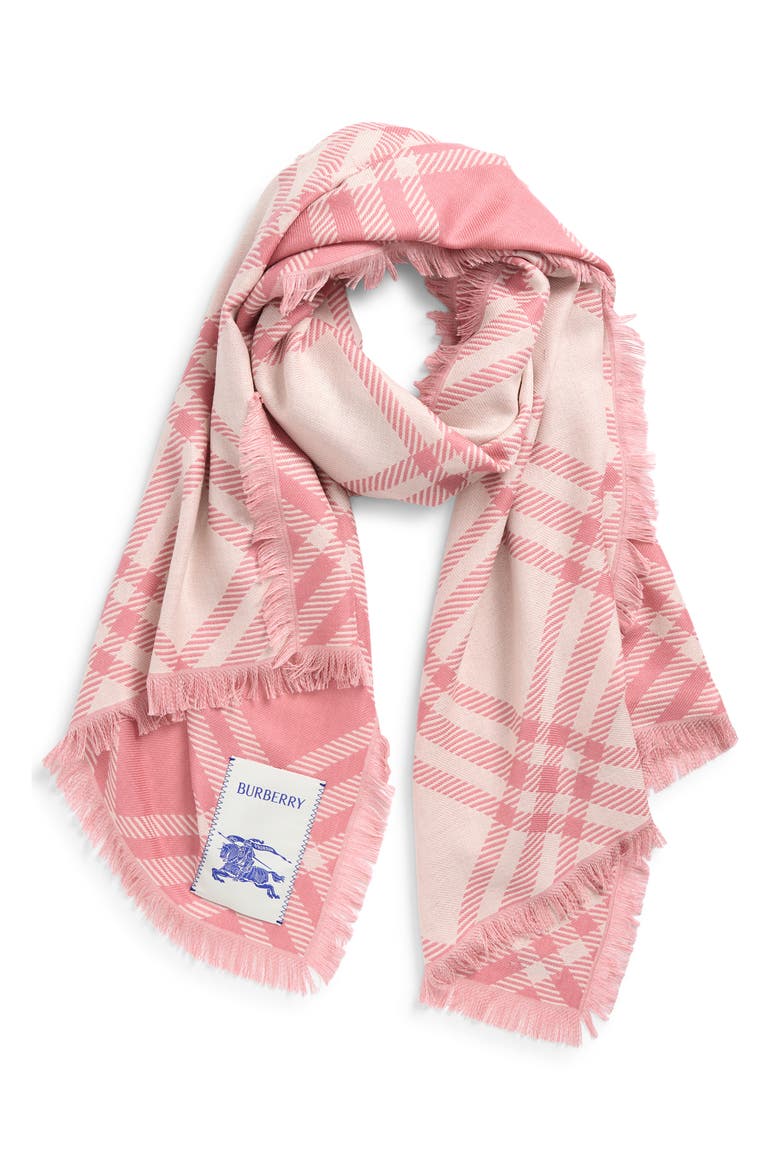 Check Wool & Silk Fringe Scarf, Alternate, color, SUGAR PINK