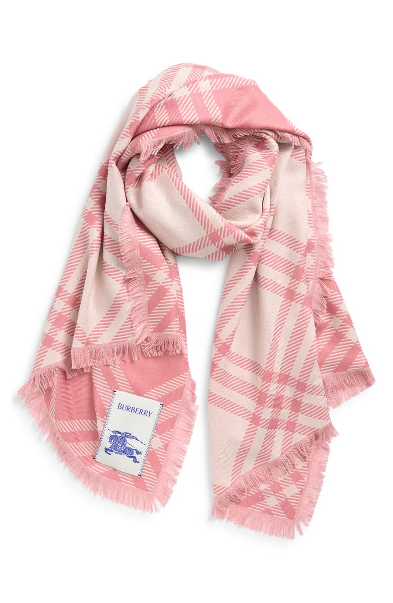Burberry Check Wool & Silk Fringe Scarf, Alternate, color, Sugar Pink