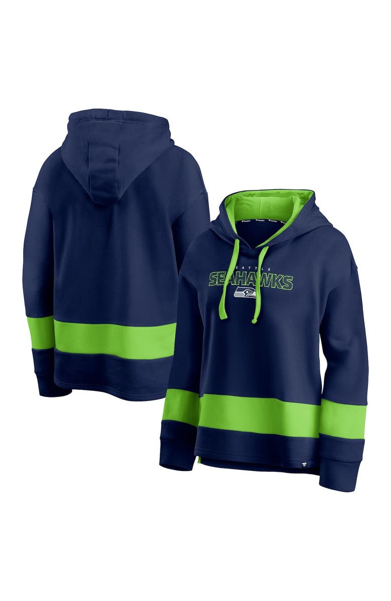 FANATICS Women's Fanatics Branded College Navy/Neon Green Seattle Seahawks Colors of Pride Colorblock Pullover Hoodie, Main, color,