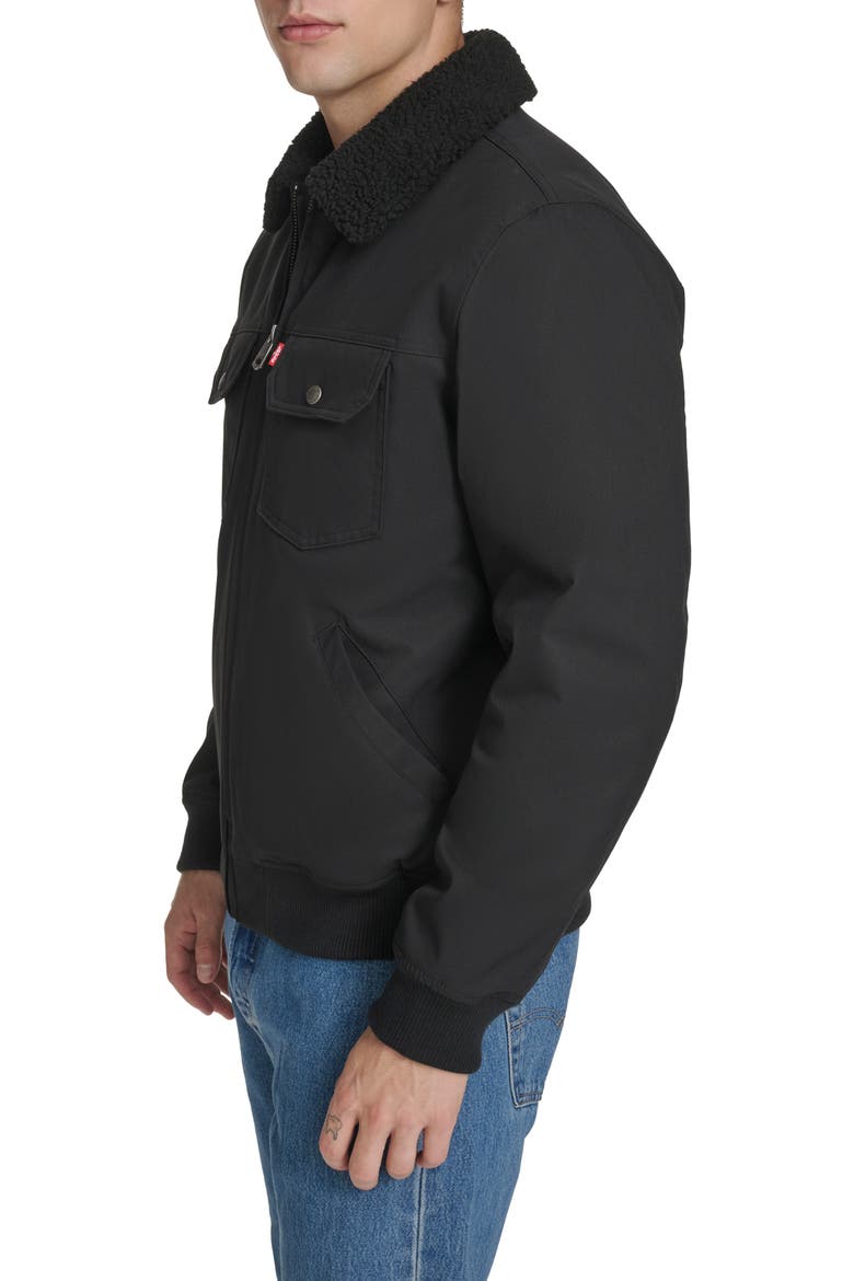 Water Resistant Faux Shearling Collar Canvas Bomber Jacket, Alternate, color, BLACK