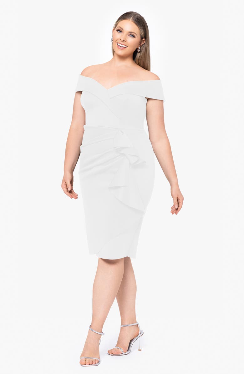 Xscape Evenings Ruffle Off the Shoulder Scuba Knit Cocktail Dress, Alternate, color, Ivory