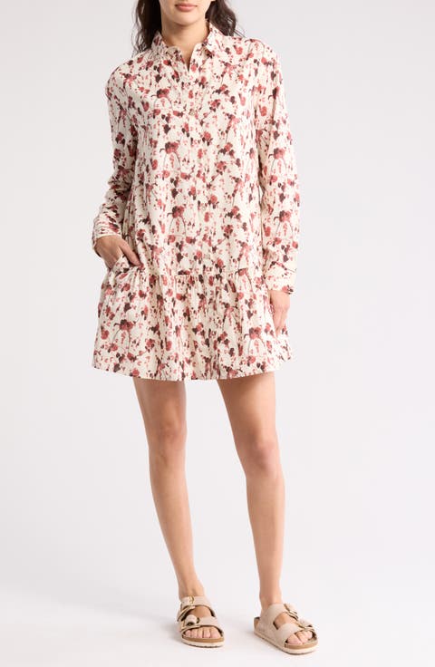 Ruffle Hem Long Sleeve Cotton Shirtdress