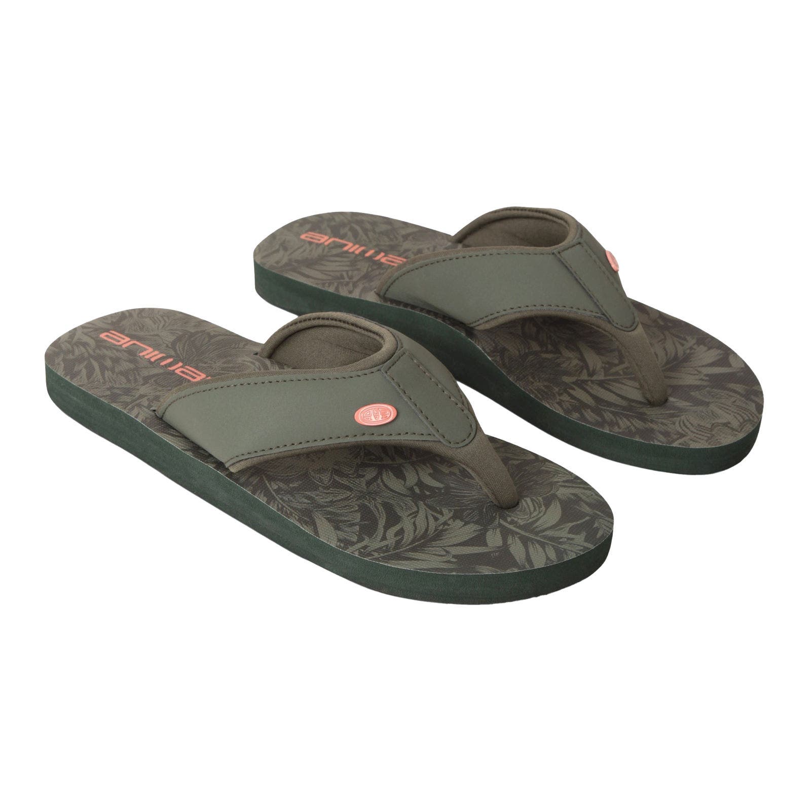Swish Leaf Print Flip Flops, Main, color, Dark Khaki