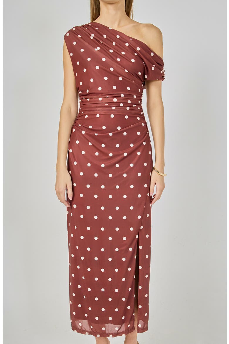 Dot Ruched One-Shoulder Mesh Maxi Dress, Alternate, color, BROWN/ IVORY