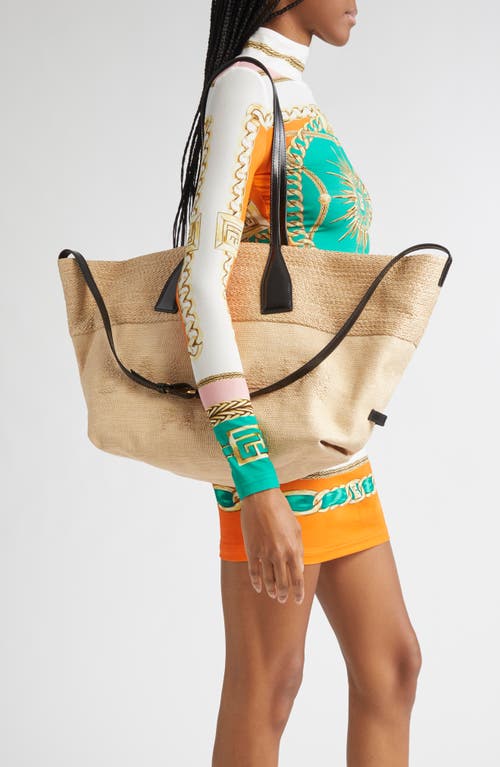 Balmain Track Raffia & Jacquard Tote In Gray