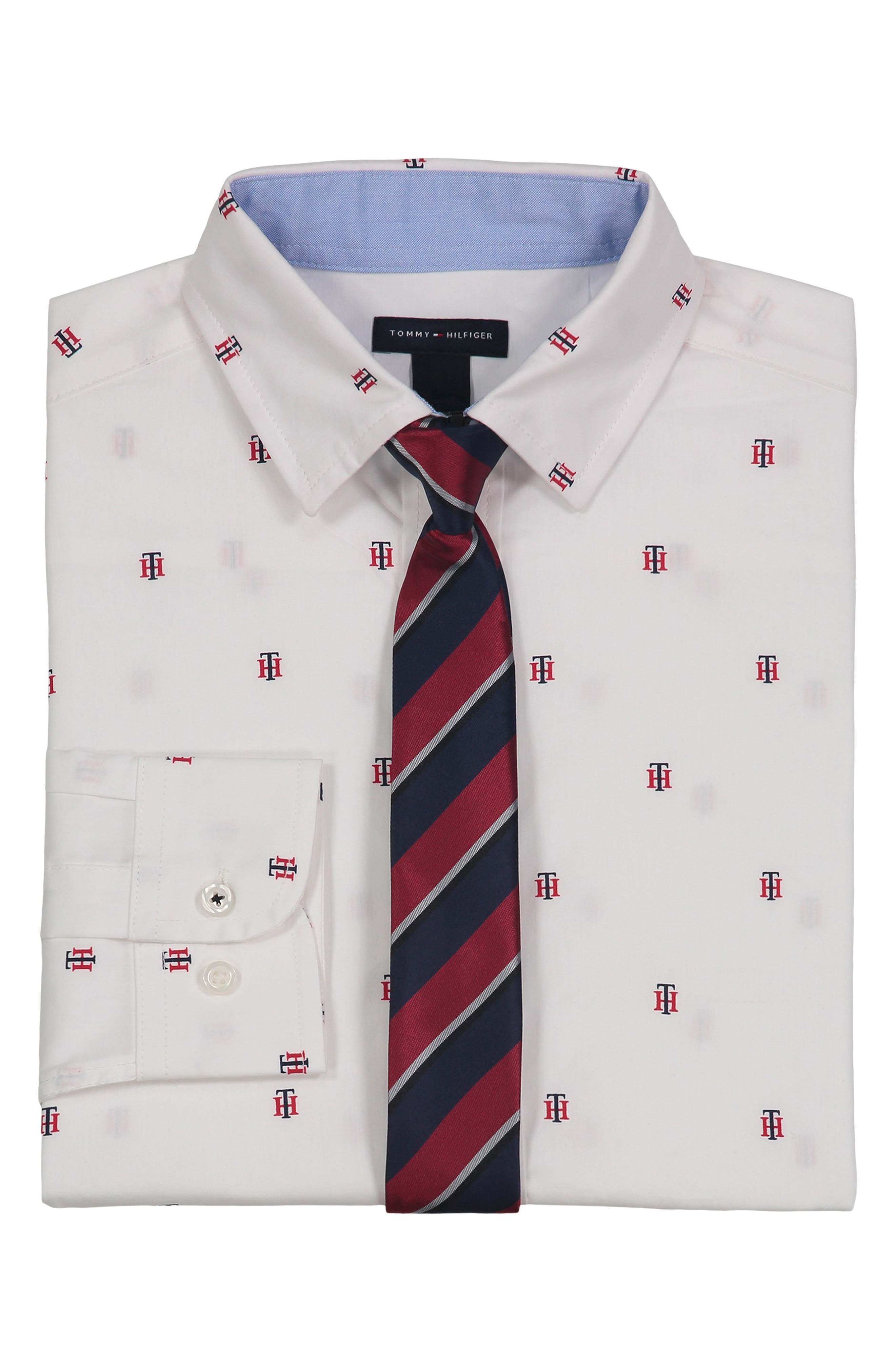 Tommy Hilfiger Kids' Monogram Print Stretch Button-Up Tie Shirt (Men ...