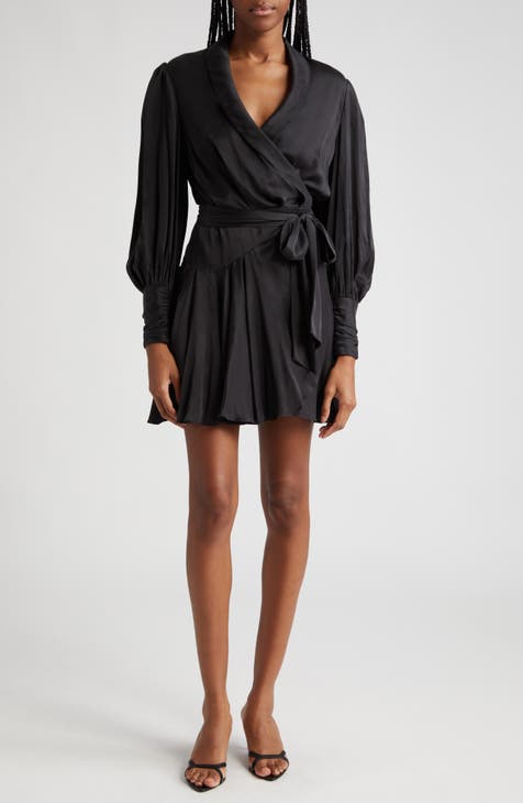 Black Cocktail Dress, Silk Wrap Dress, Silk Dress with Long Sleeves, Fit and Flare Mini Dress for Women, Long Sleeve Dress, Party online Mini Dress