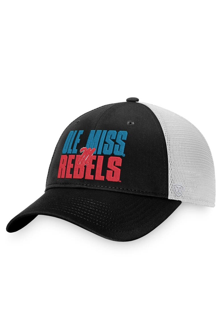 Men's Top of the World Black/White Ole Miss Rebels Stockpile Trucker Snapback Hat, Main, color, Black
