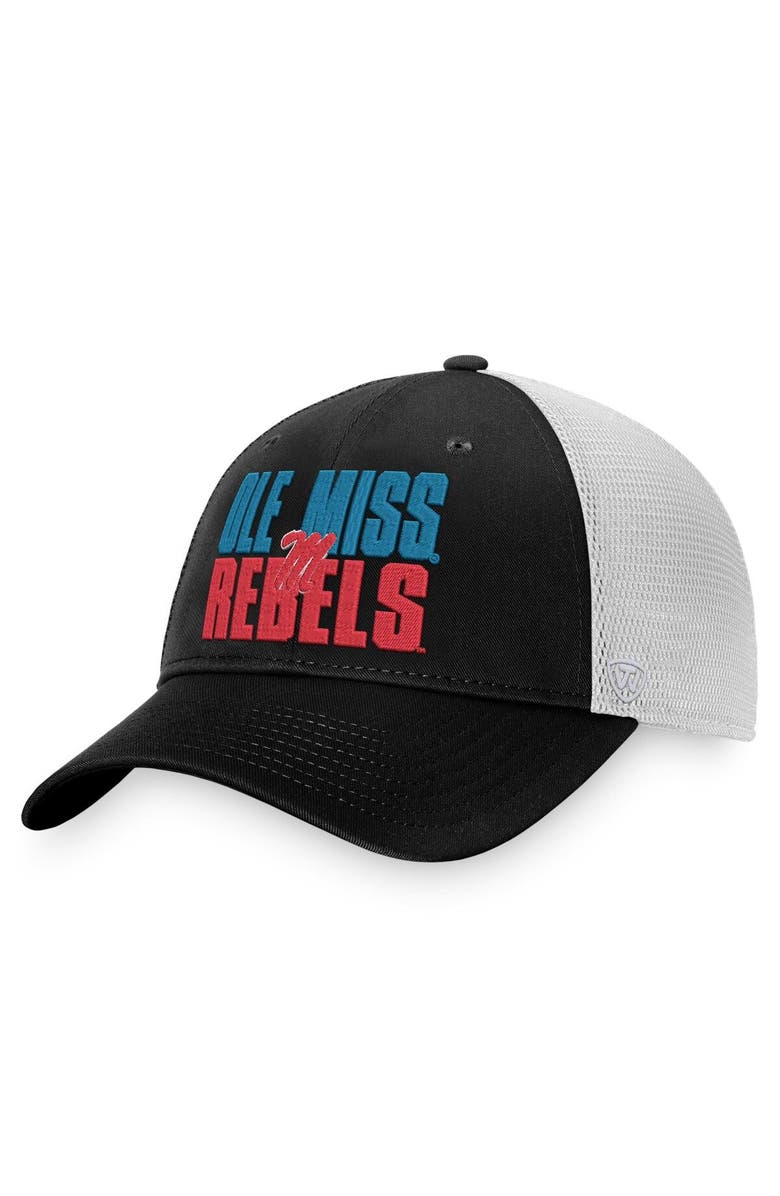 TOP OF THE WORLD Men's Top of the World Black/White Ole Miss Rebels Stockpile Trucker Snapback Hat, Main, color, Black