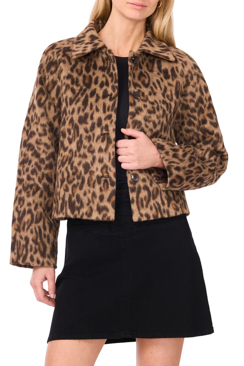 Leoprad Print Brushed Button Front Jacket, Main, color, RICH TAUPE