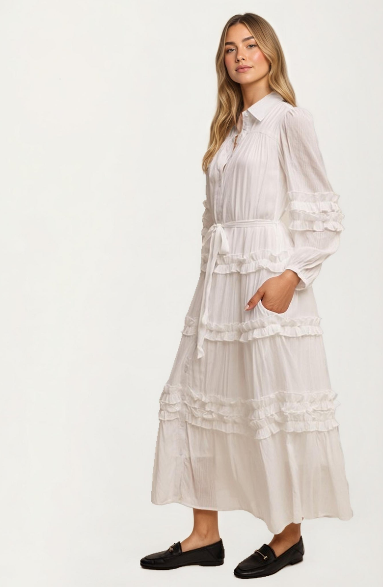 Knit and Lounge Long Sleeve Ruffle Tiered Maxi Shirt Dress, Alternate, color, White