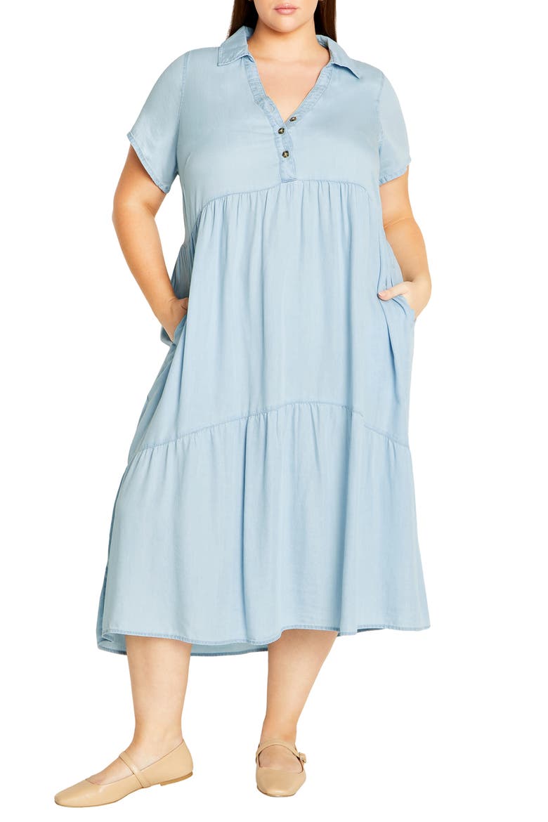 Shyla Tiered Chambray Midi Shirtdress, Main, color, LIGHT WASH