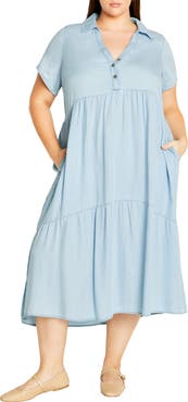 City Chic Shyla Tiered Chambray Midi Shirtdress