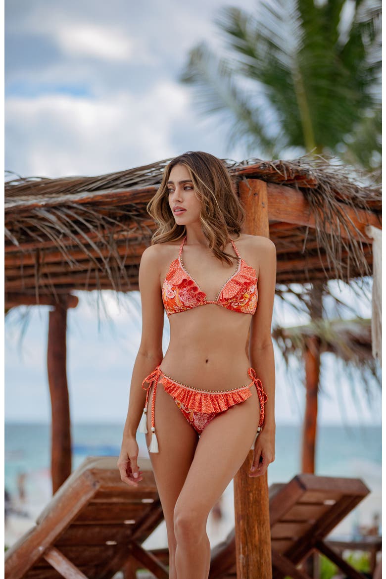 Beaded Ruffle Triangle Bikini Top, Alternate, color, MANDARIN TANGERINE