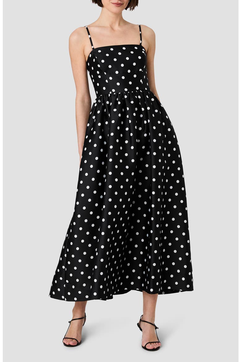 Polka Dot Strapless Taffeta Midi Dress, Main, color, BLACK-SUMMER WHITE
