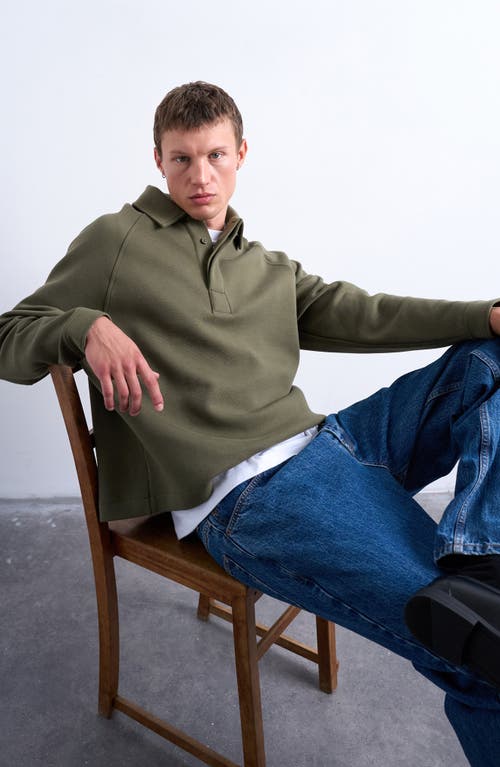 Topman Raglan Sleeve Boxy Cotton Blend Polo Sweatshirt In Green