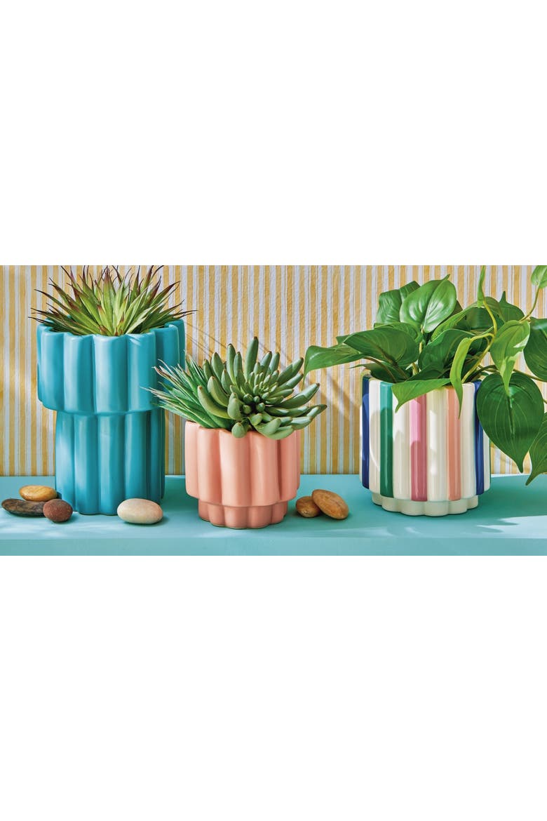 Scallop Striped Stoneware Planter Multi 5.71x5.71x5.83 in with Silicone Plug, Alternate, color, White